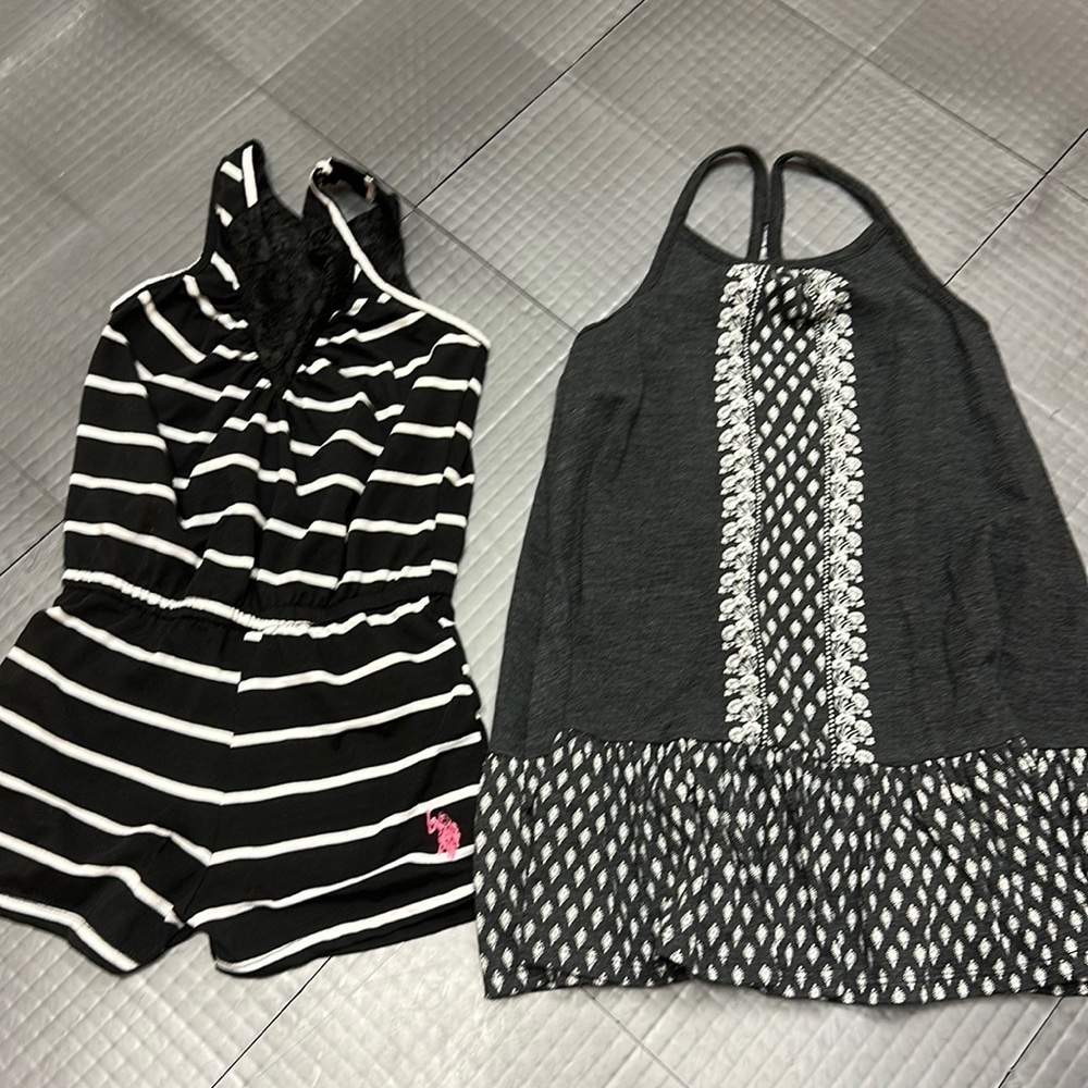 OLD NAVY 4T GIRLS TANK DRESS AND BLACK AND WHITE STRIPE ROMPER